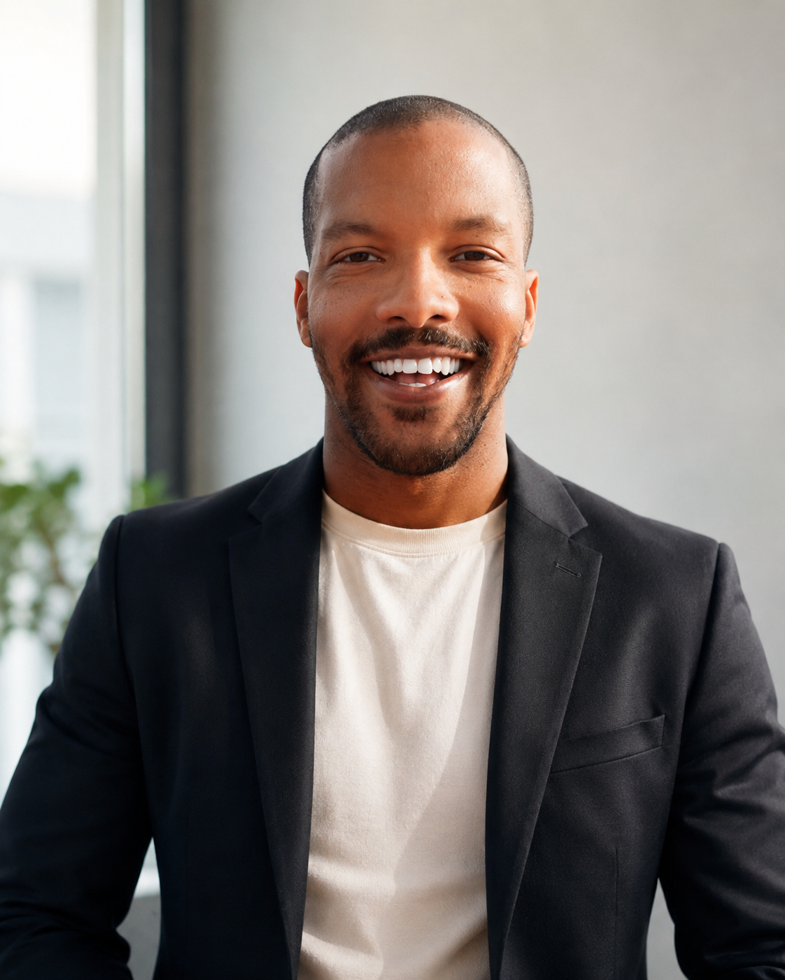 Retrato profissional com blazer preto, sorriso